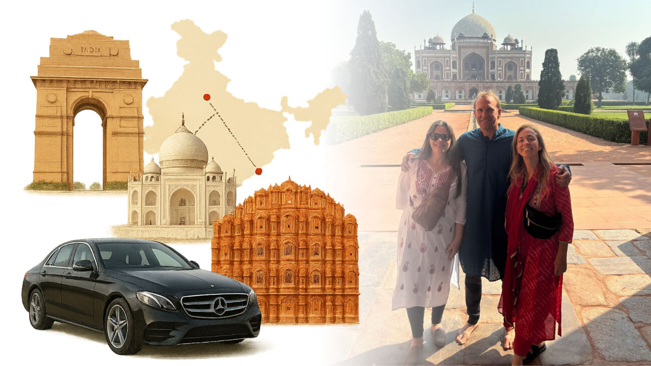 Golden Triangle India tour collage showing India Gate, Taj Mahal, Hawa Mahal, travel car, route map, and foreign tourists at Humayun’s Tomb