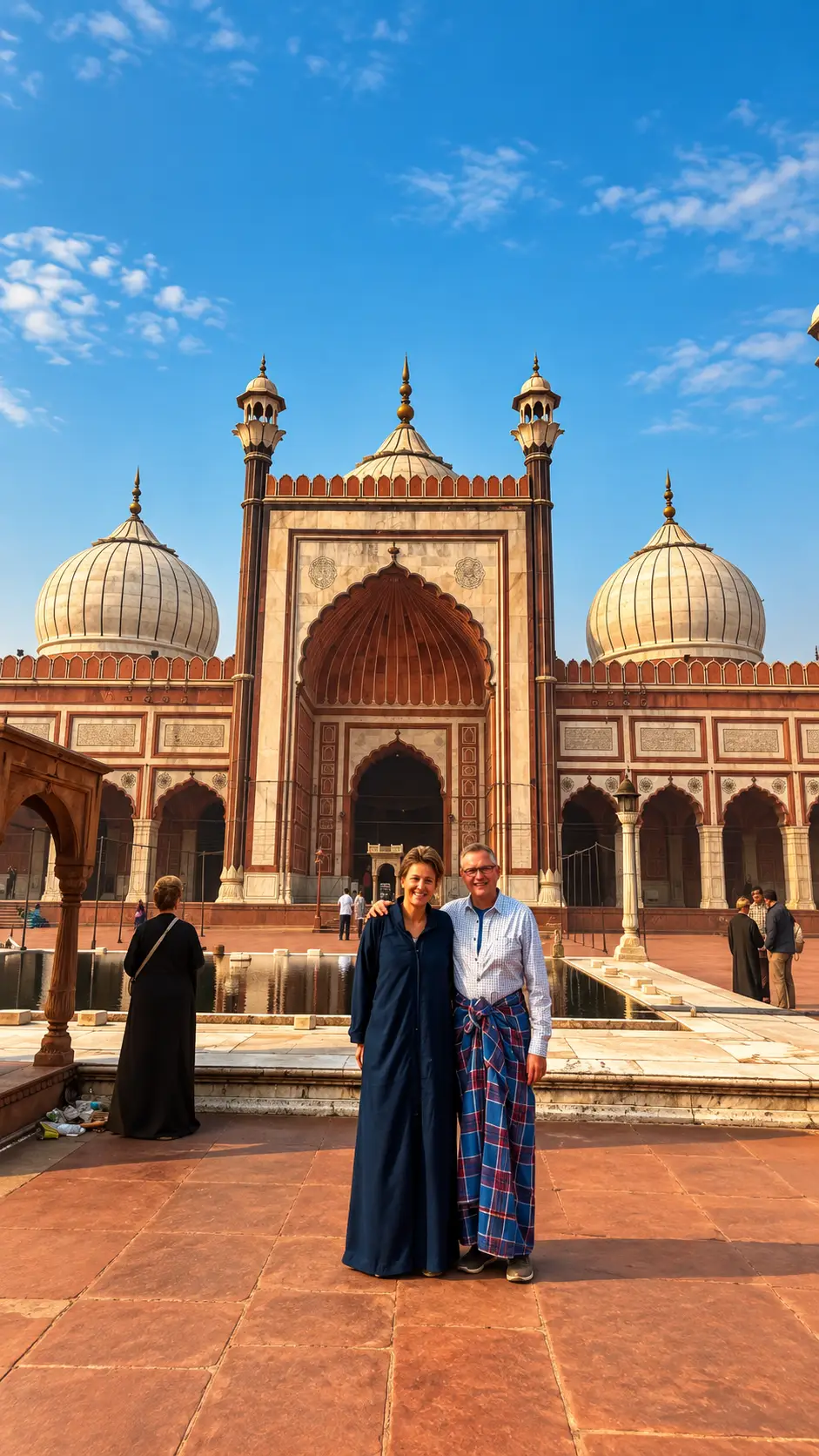 Older tourist couple posing in the courtyard of Jama Masjid in Delhi, India.