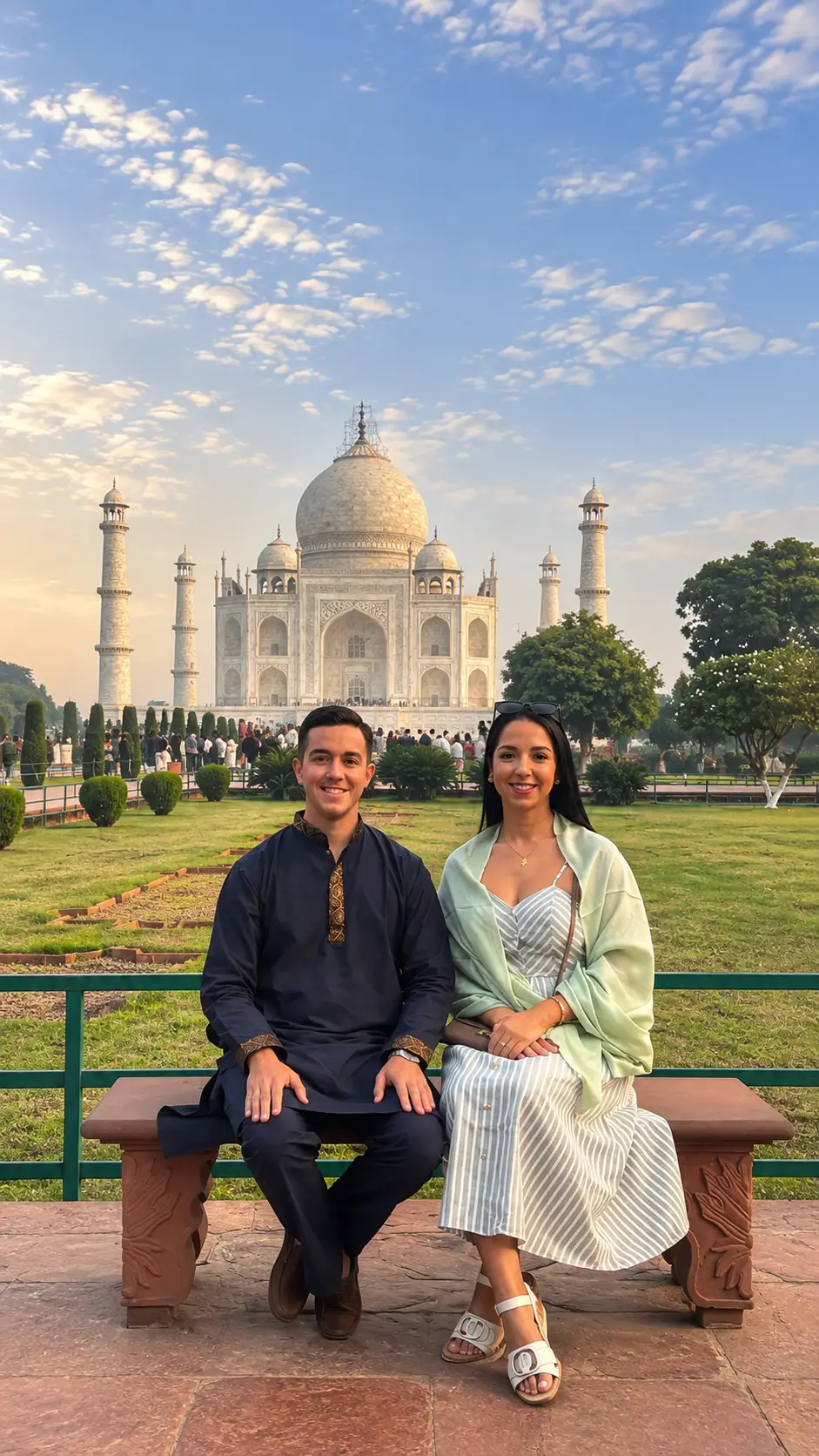 Foreign tourist couple sitting in the Taj Mahal gardens with the Taj Mahal in Agra, India