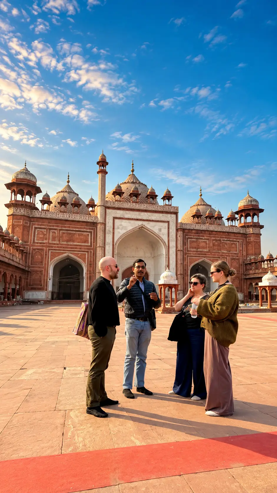 Tour guide with two female tourists and one male tourist in the courtyard of Jama Masjid, Delhi, India.