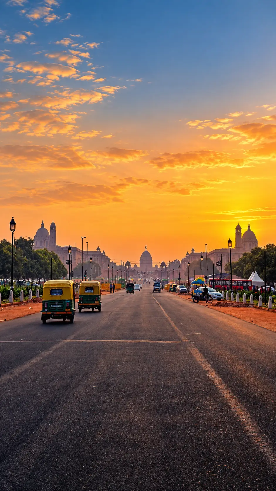 Kartavya Path at sunset near India Gate and Central Secretariat in New Delhi, India.