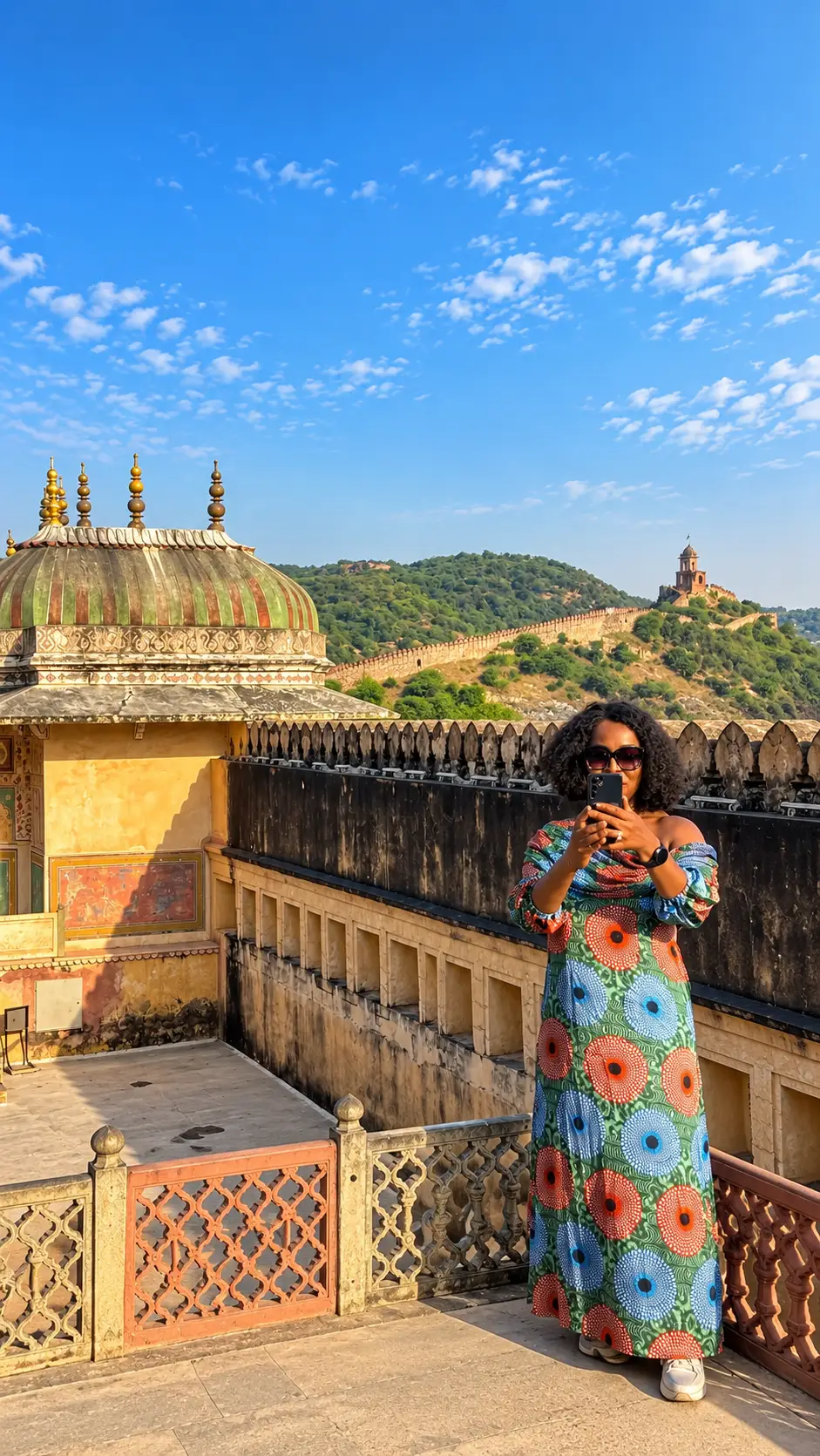 Solo female tourist taking a photo from a terrace at Amber Fort in Jaipur, Rajasthan, India.