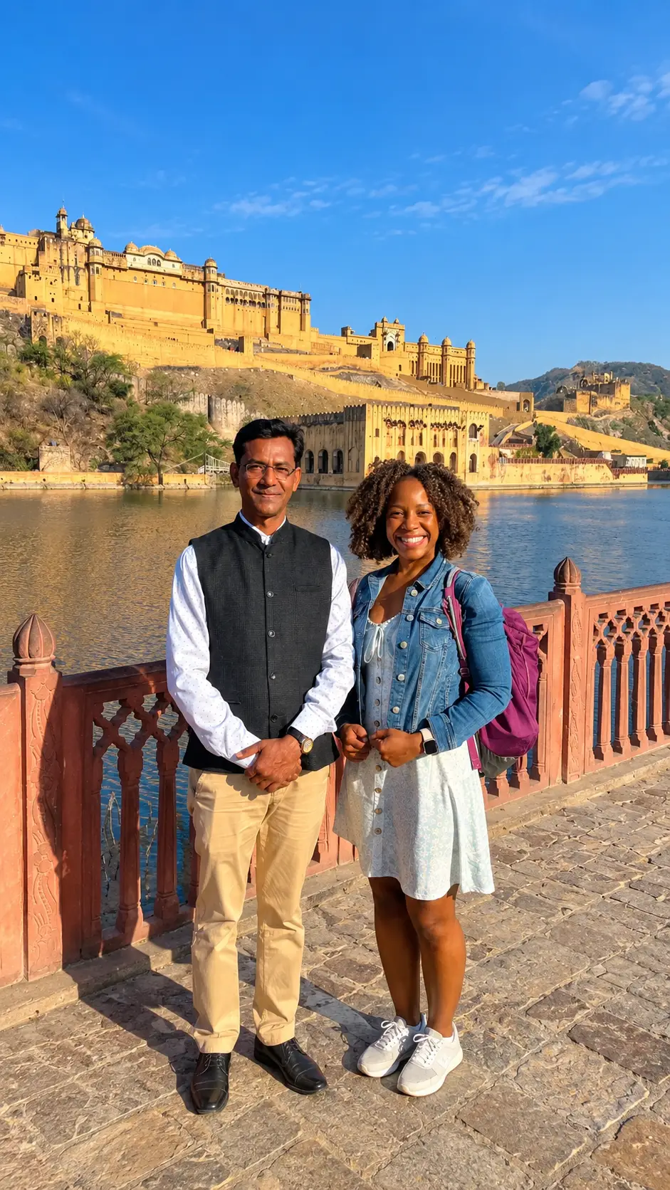 Solo female tourist posing with a tour guide in front of Amber Fort in Jaipur, Rajasthan, India.