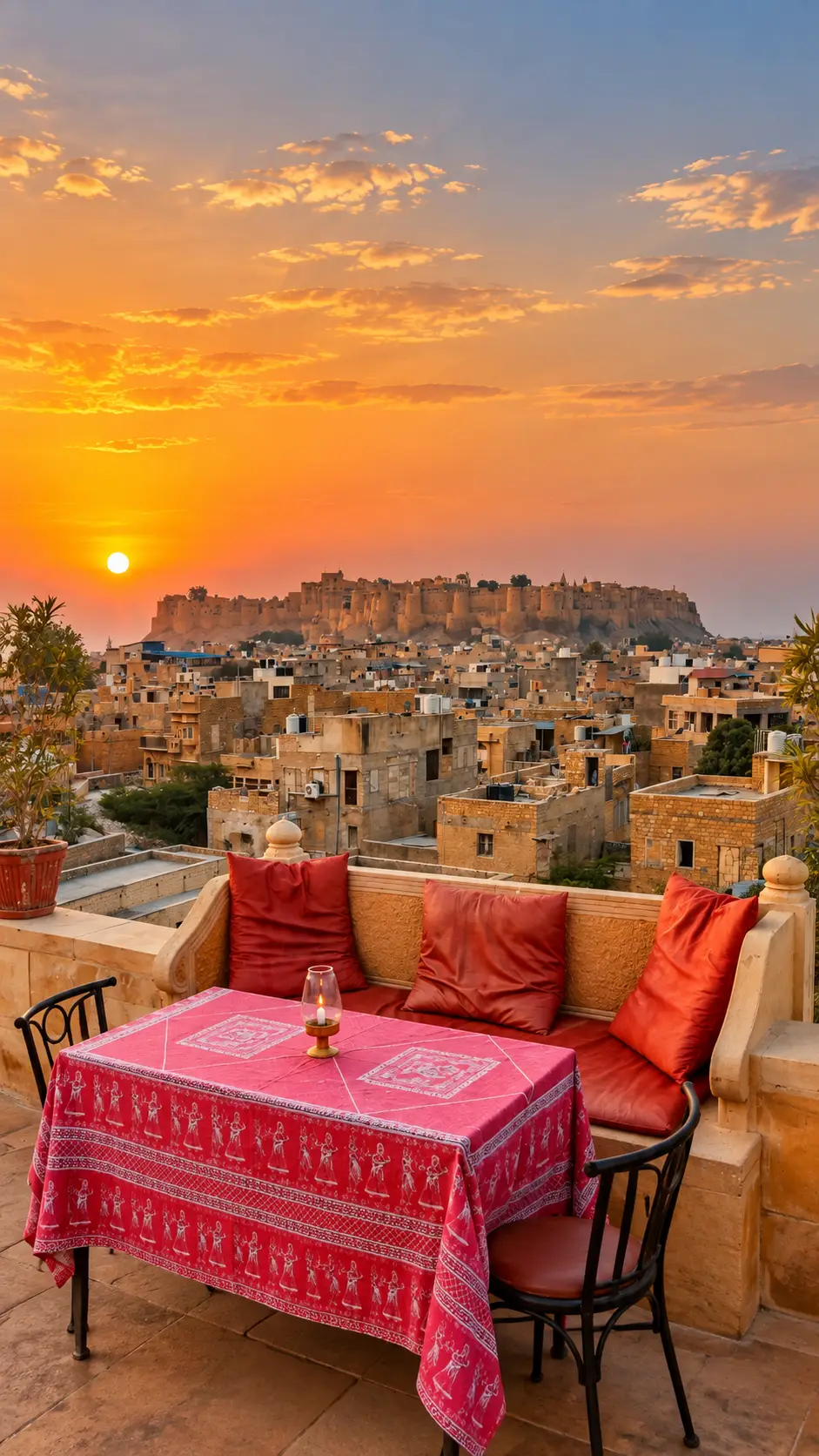 Rooftop dining setting overlooking Jaisalmer Fort at sunset in Rajasthan, India.