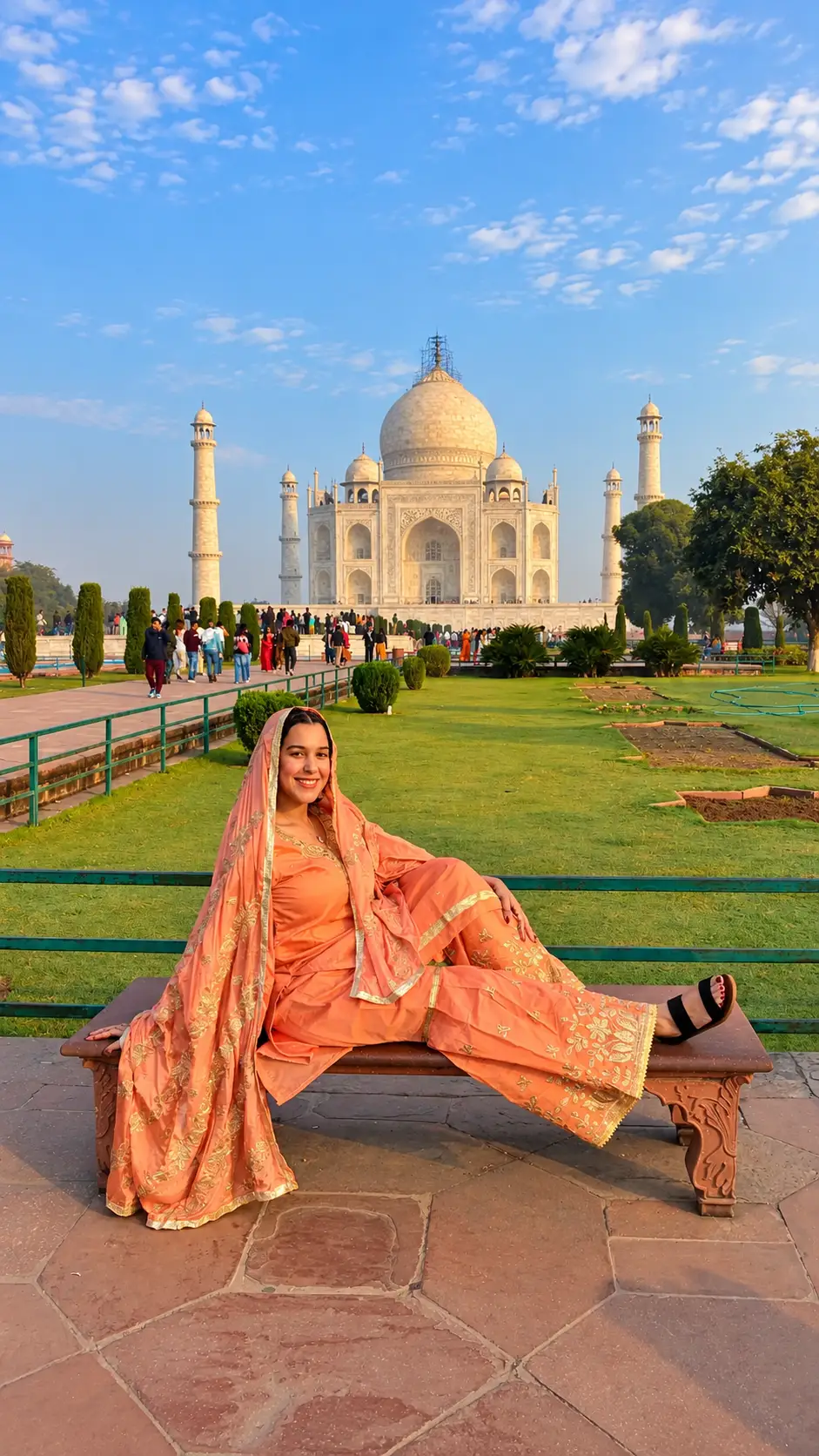 Female tourist in traditional Indian attire sitting in the Taj Mahal gardens with the Taj Mahal in the background.