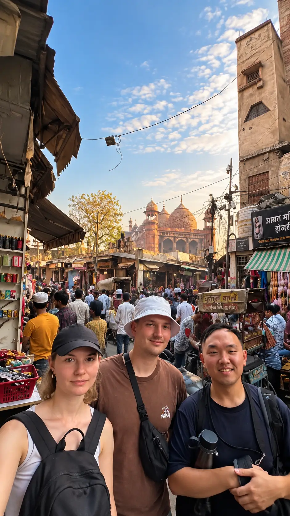 Three tourists taking a selfie in a busy Old Delhi bazaar with Jama Masjid in the background.