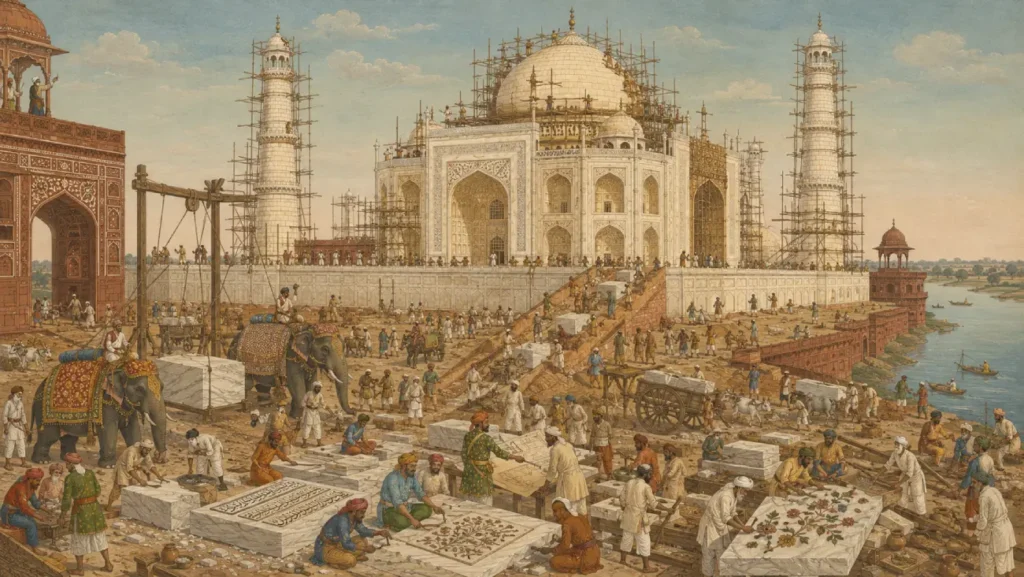 Complete Taj Mahal Tour Guide - Updated for 2027 2 AI-generated Mughal-style historical painting showing the Taj Mahal under construction with unfinished marble domes, brick scaffolding, craftsmen carving marble, elephants carrying stone blocks, workers using ropes and pulleys, and the Yamuna River beside the construction site in Agra.