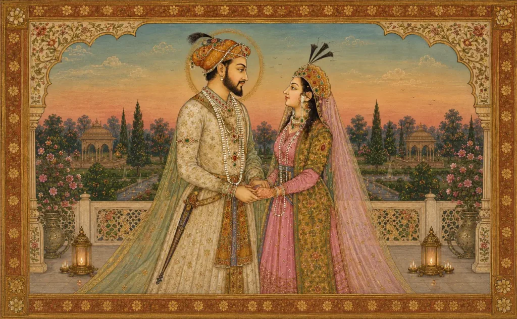 Complete Taj Mahal Tour Guide - Updated for 2027 1 Mughal miniature painting of Shah Jahan and Mumtaz Mahal holding hands and looking into each other’s eyes in a royal palace garden with ornate floral borders, lanterns, fountains, and traditional Mughal architecture at sunset.