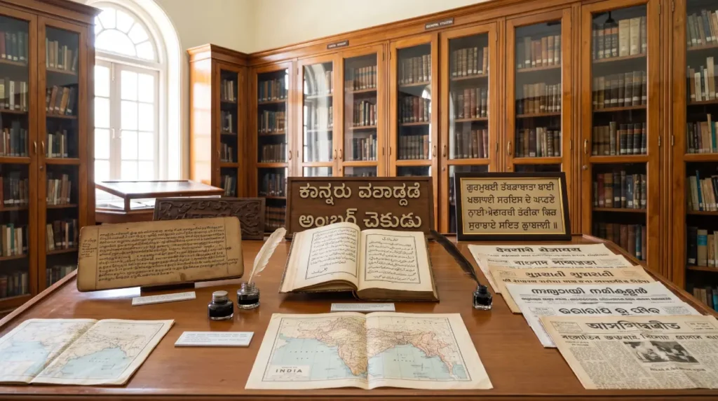 Collection of books, manuscripts, and signboards displaying major Indian languages and writing systems in a traditional heritage library.