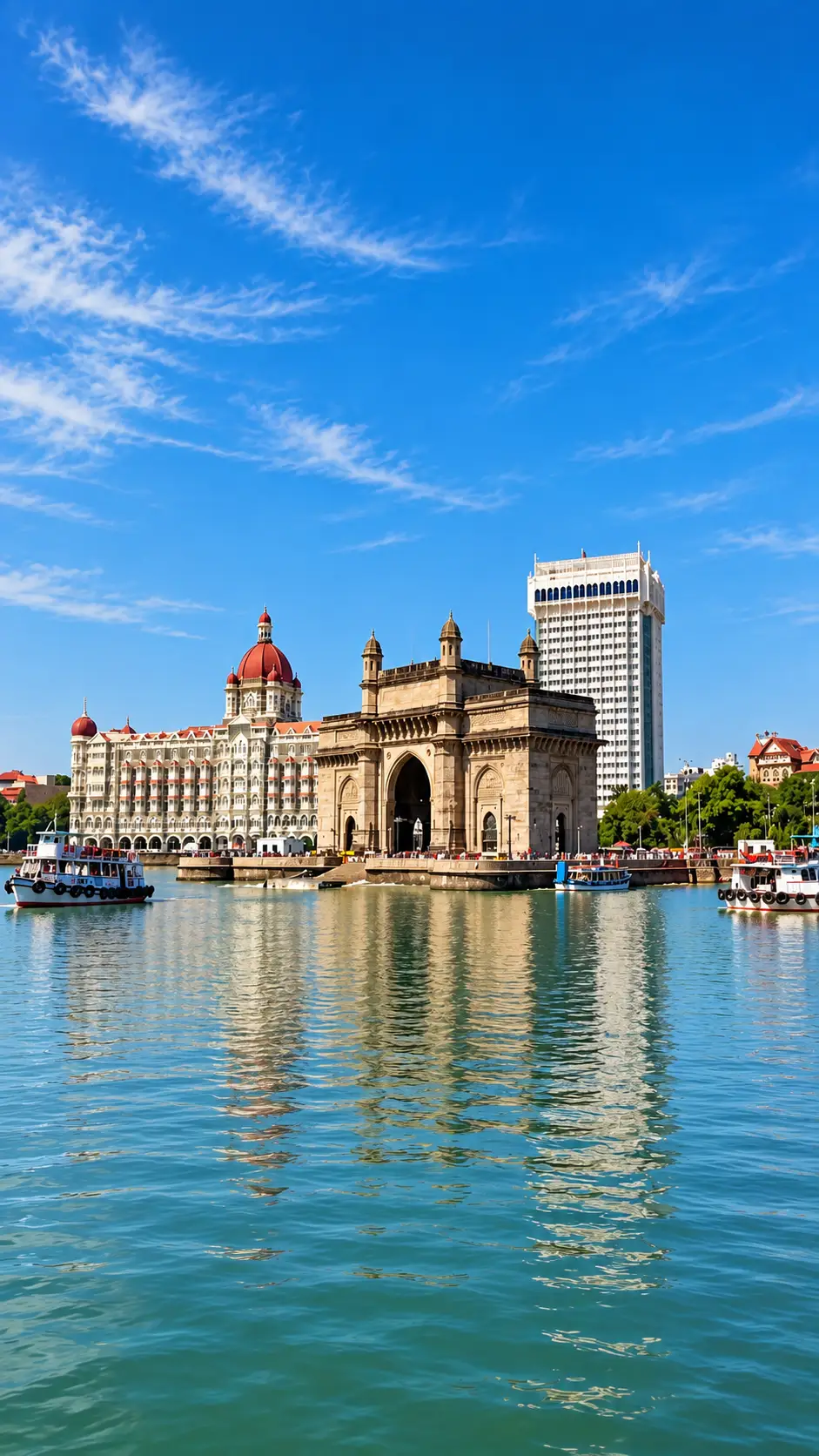 Gateway of India and Taj Mahal Palace on the Mumbai waterfront with boats on the Arabian Sea
