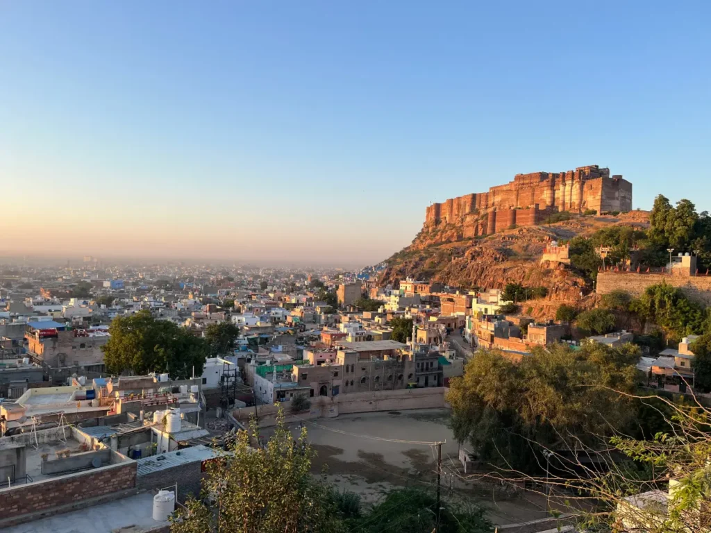 Panoramic view of Mehrangarh Fort overlooking the Blue City of Jodhpur, Rajasthan, India.